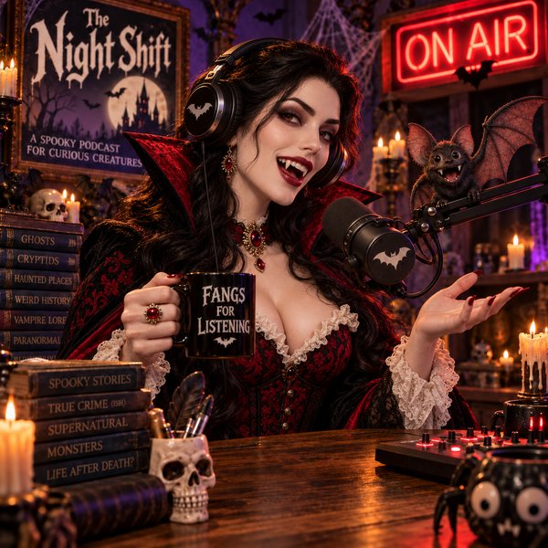 Vivienne Vayne, the vampire hostess of The Night Shift, at her bat microphone